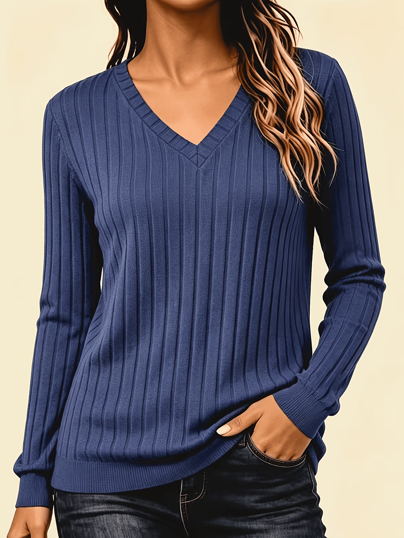 Comfortable Ribbed Knit Sweater for Women with V Neck Long Sleeve Relaxed Casual Style