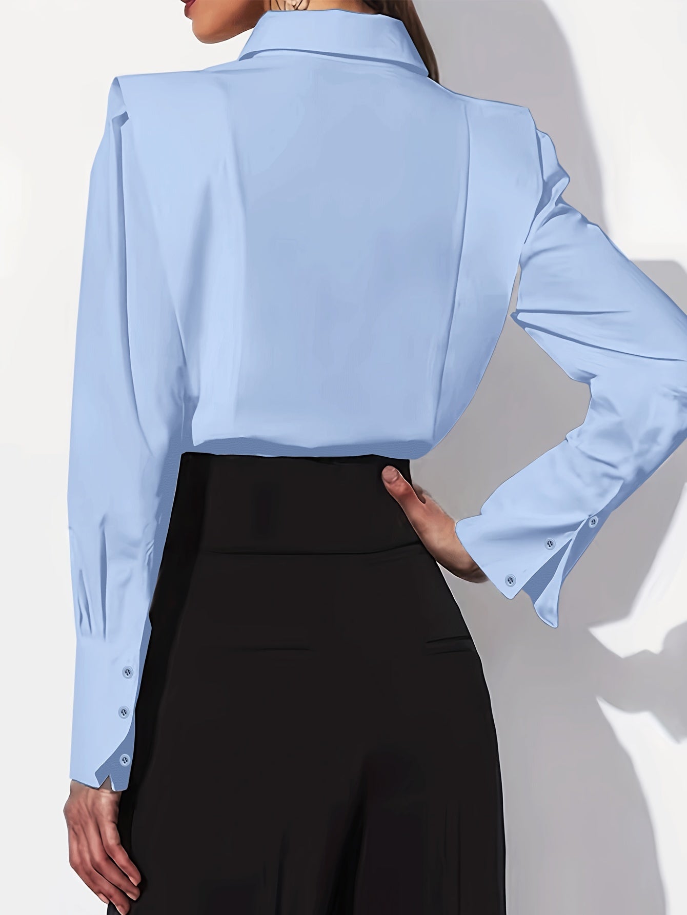 Elegant Blouse for Women with Collar Long Sleeve Structured Shoulder Button Front Tailored Style