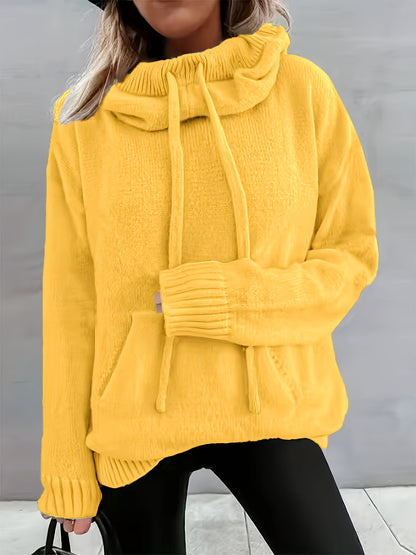 2025 New Autumn And Winter Women'S Casual Versatile Solid Color Drawstring Pocket Hooded Pullover