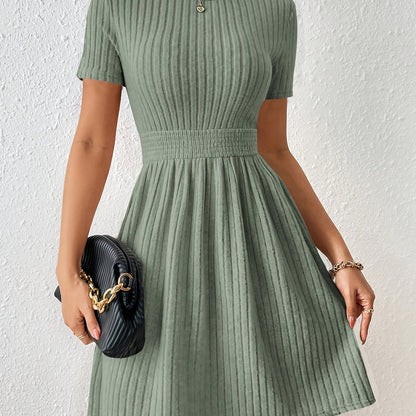 Comfortable Ribbed Knit Mini Dress for Women with Round Neck Short Sleeve Smocked Waist Casual Style