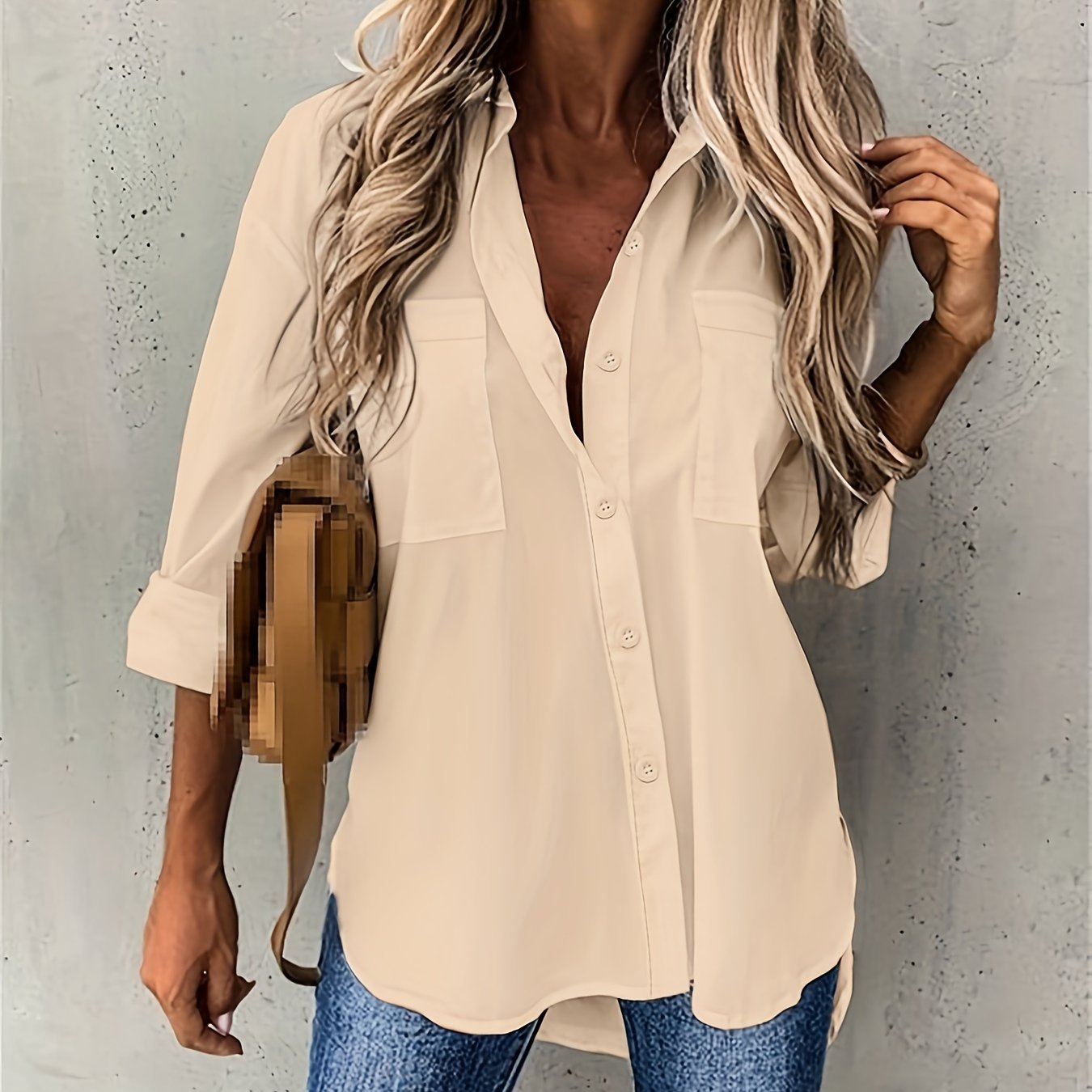 Effortless Button Front Blouse for Women with Collar Long Sleeve Chest Pocket Relaxed Style