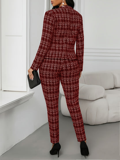 Elegant Plaid Tweed Two Piece Set for Women with Open Front Long Sleeve Blazer Tapered Pant Style