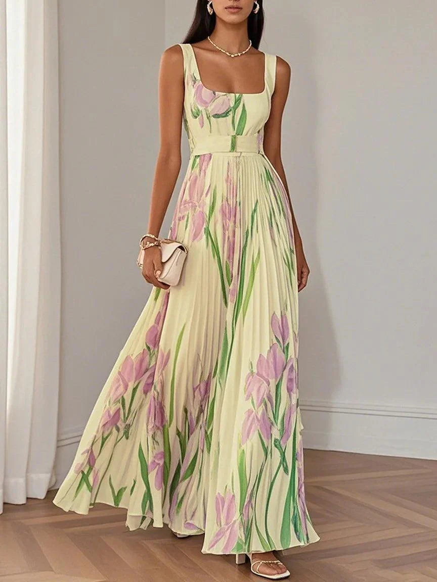 Elegant Floral Maxi Dress for Women with Square Neck Sleeveless Pleated Belted Wedding Guest Style