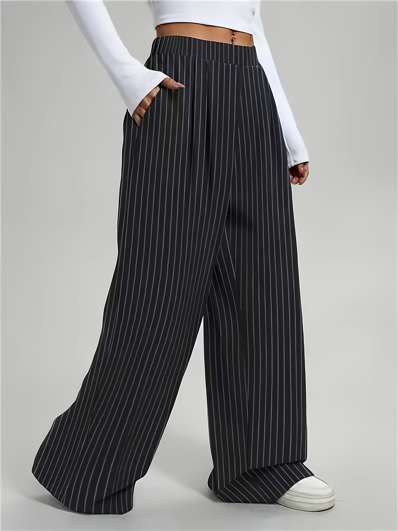 Elegant Black Pinstripe Wide Leg Trousers for Women with High Waist Pleated Relaxed Style