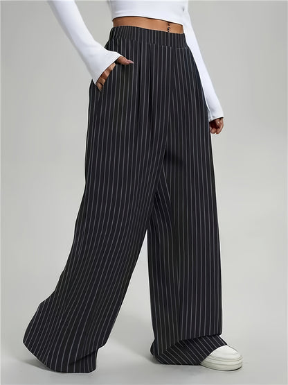 Elegant Black Pinstripe Wide Leg Trousers for Women with High Waist Pleated Relaxed Style