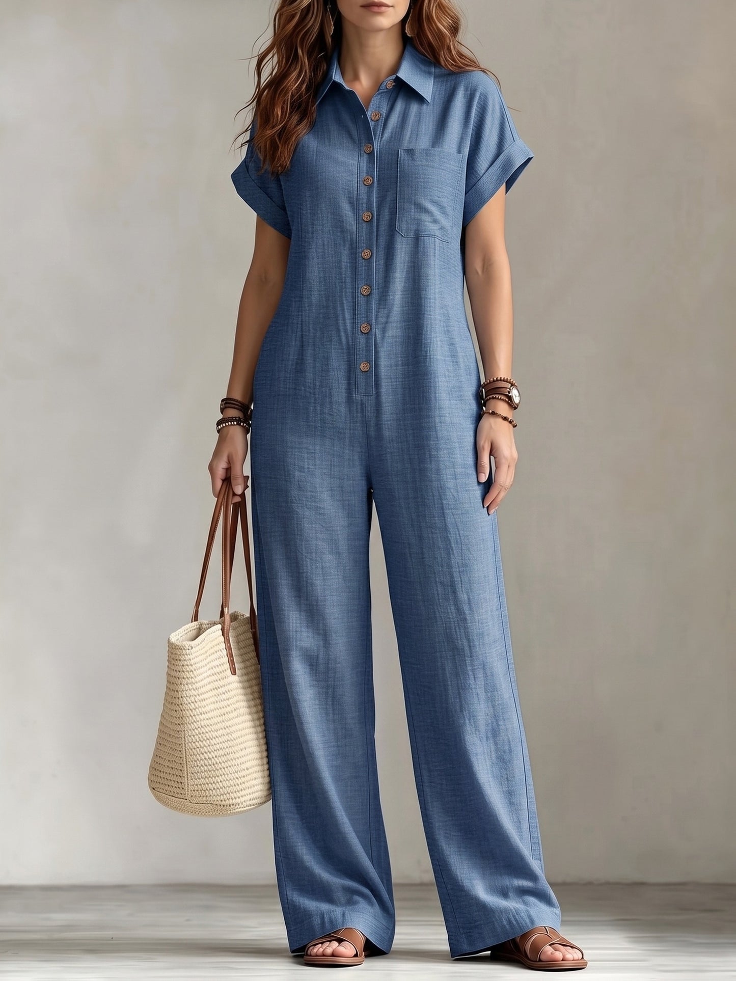 Effortless Linen Jumpsuit for Women with Collar Short Sleeve Button Front Wide Leg Casual Style