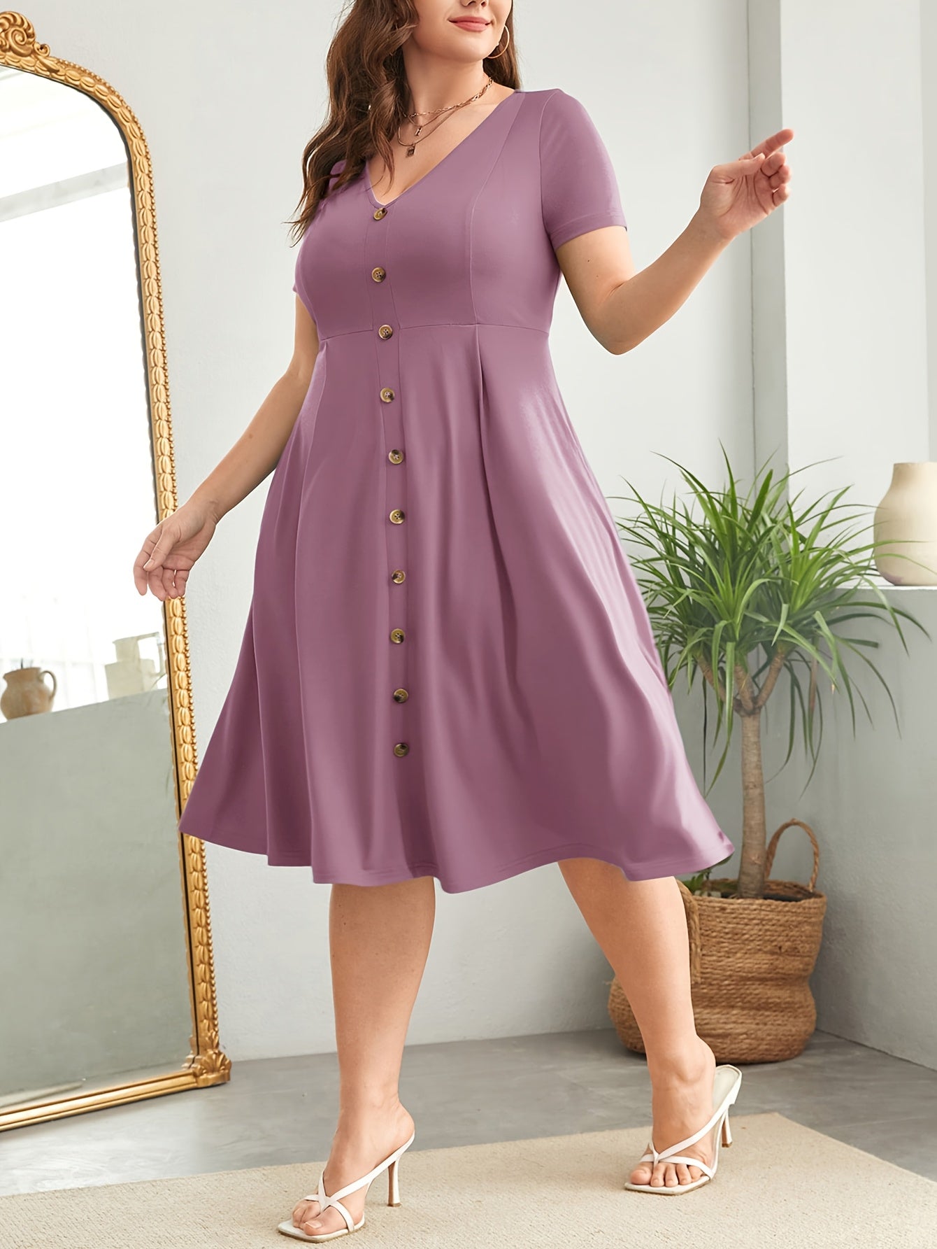 Elegant Burgundy Button Front Midi Dress for Women with V Neck Short Sleeve Fit Flare Plus Size Style