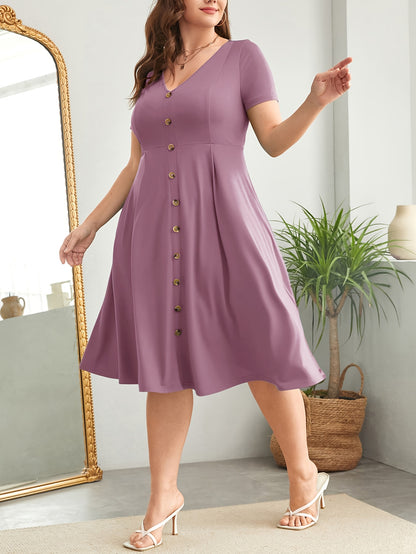 Elegant Burgundy Button Front Midi Dress for Women with V Neck Short Sleeve Fit Flare Plus Size Style