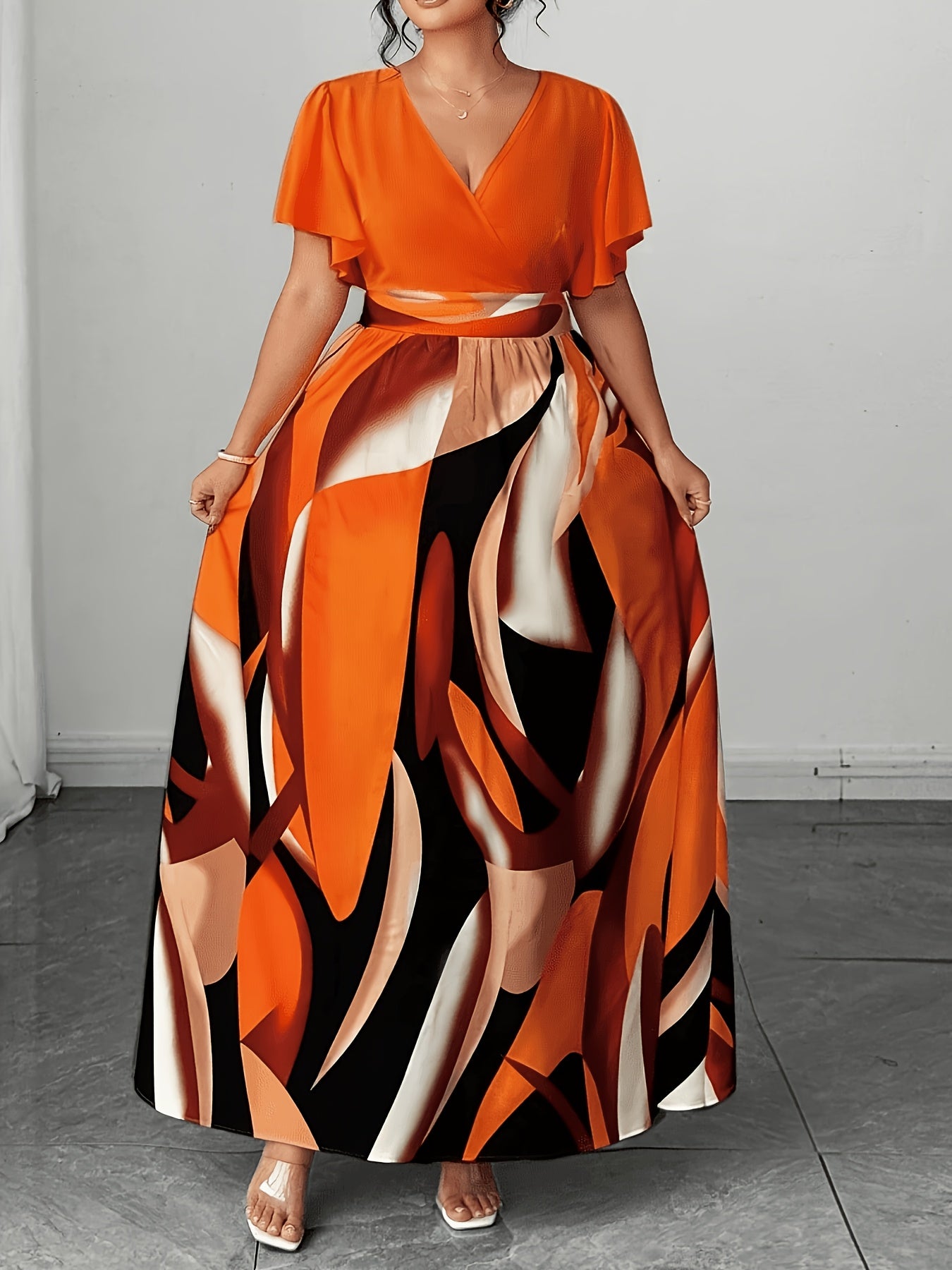 Elegant Orange Geometric Print Maxi Dress for Women with V Neck Flutter Sleeve Wrap Tie Waist Flowing Style