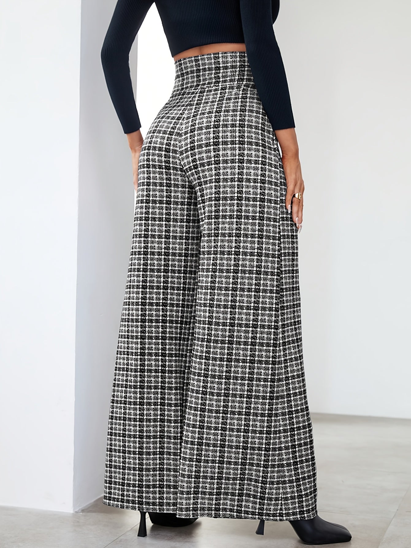 Elegant Black and White Plaid Wide Leg Pants for Women with High Waist Button Front Pleated Tailored Style
