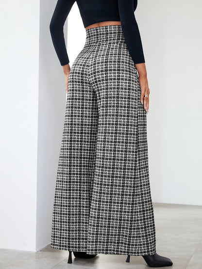 Elegant Black and White Plaid Wide Leg Pants for Women with High Waist Button Front Pleated Tailored Style