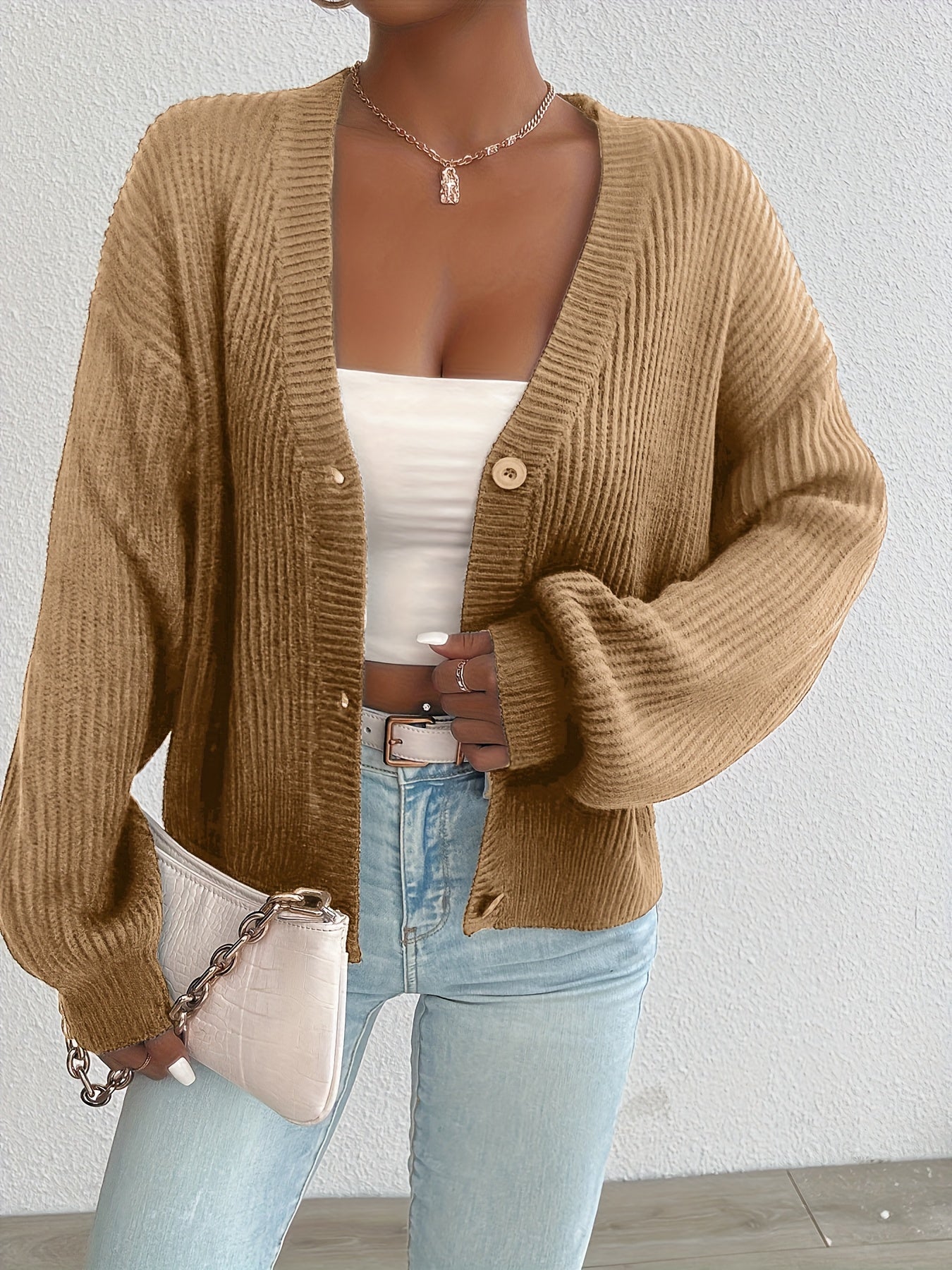 Comfortable Ribbed Knit Cardigan for Women with V Neck Long Sleeve Button Front Oversized Relaxed Style
