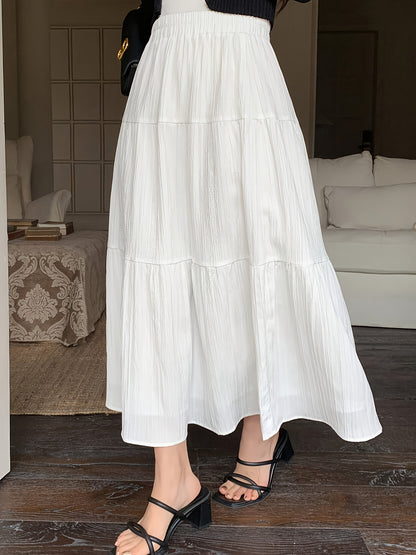 Elegant White Tiered Maxi Skirt for Women with High Waist Textured A Line Flowing Style