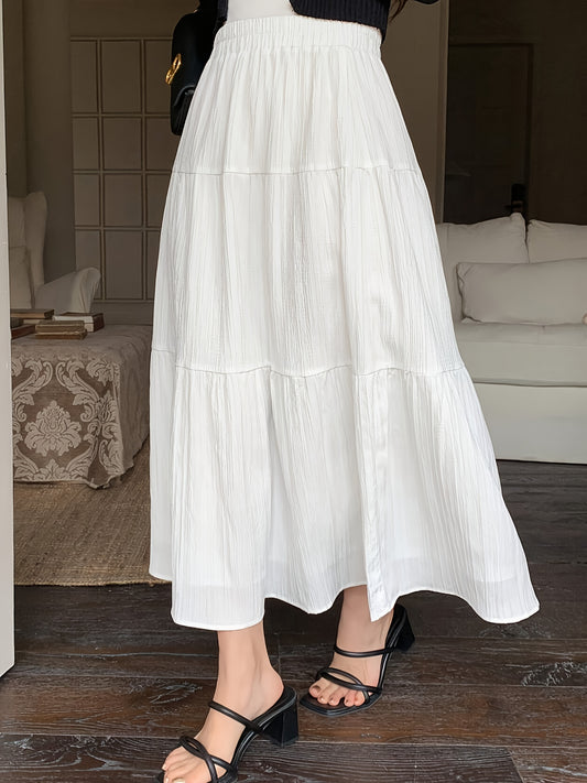 Elegant White Tiered Maxi Skirt for Women with High Waist Textured A Line Flowing Style