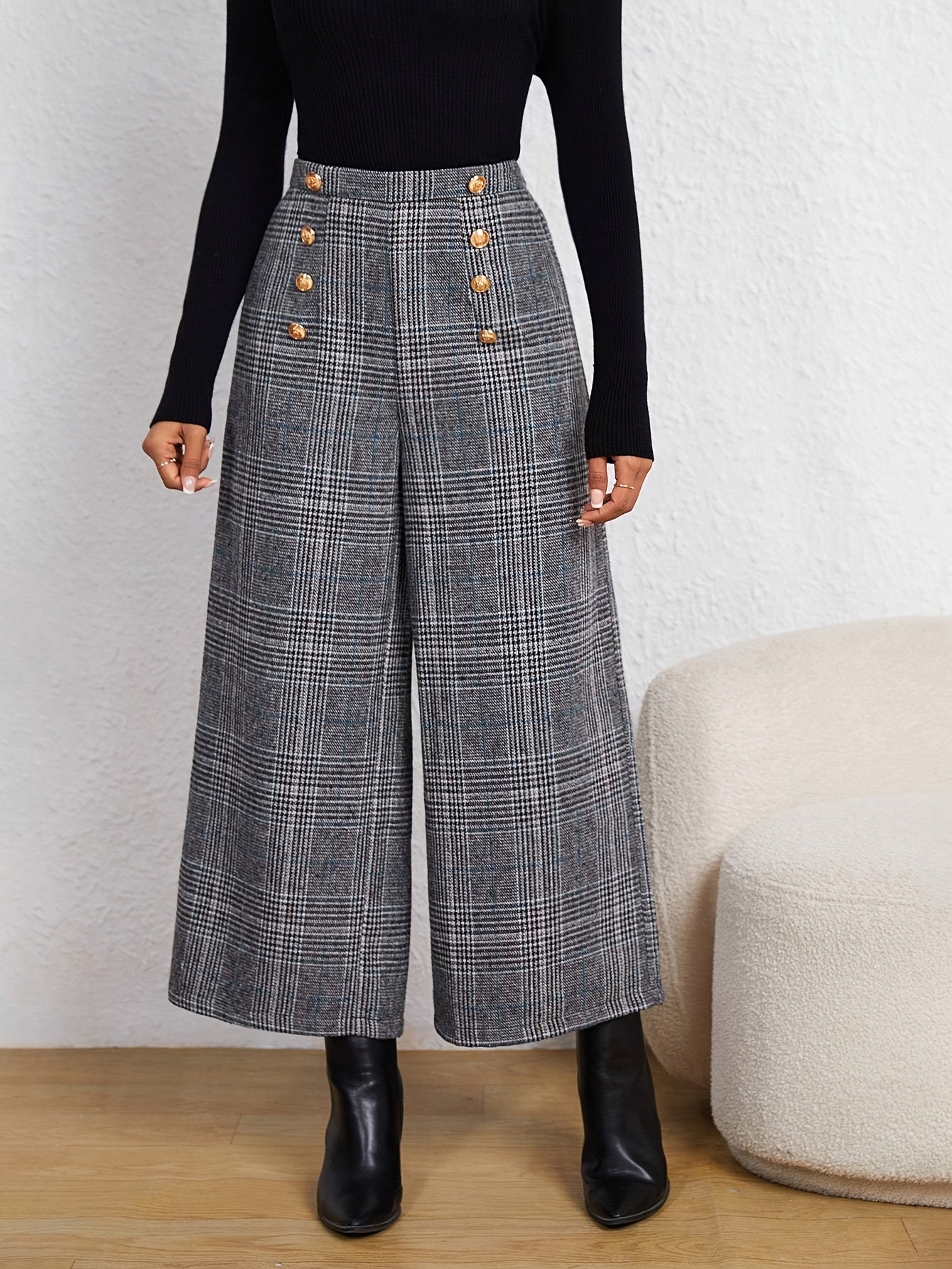 Elegant Grey Houndstooth Wide Leg Pant for Women with High Waist Button Front Cropped Tailored Style