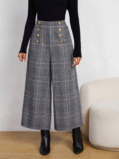 Elegant Grey Houndstooth Wide Leg Pant for Women with High Waist Button Front Cropped Tailored Style