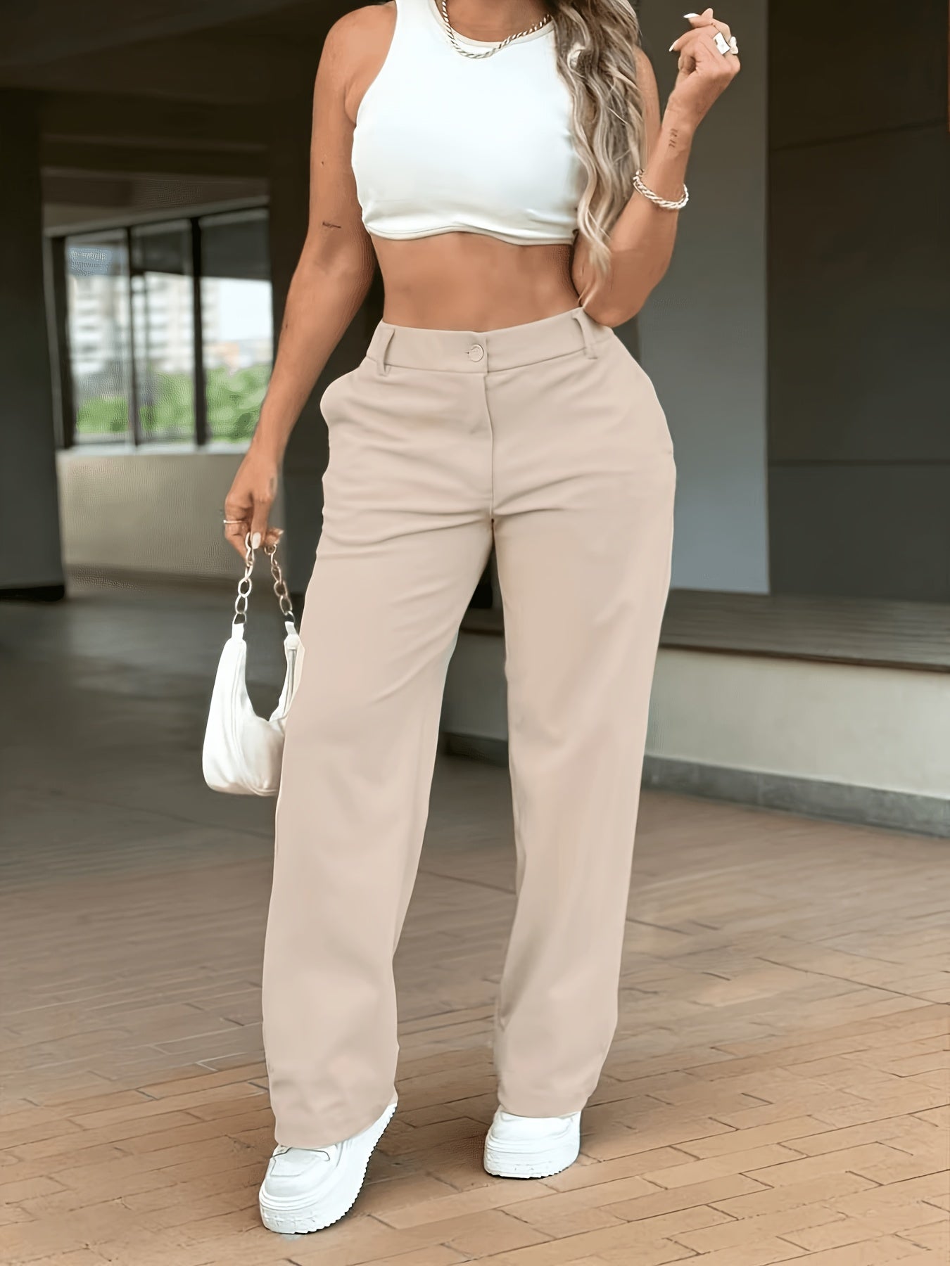 Effortless Khaki Wide Leg Pants for Women with High Waist Button Front Relaxed Casual Style