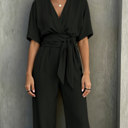 Elegant Wrap Jumpsuit for Women with V Neck Kimono Sleeve Belted Wide Leg Style