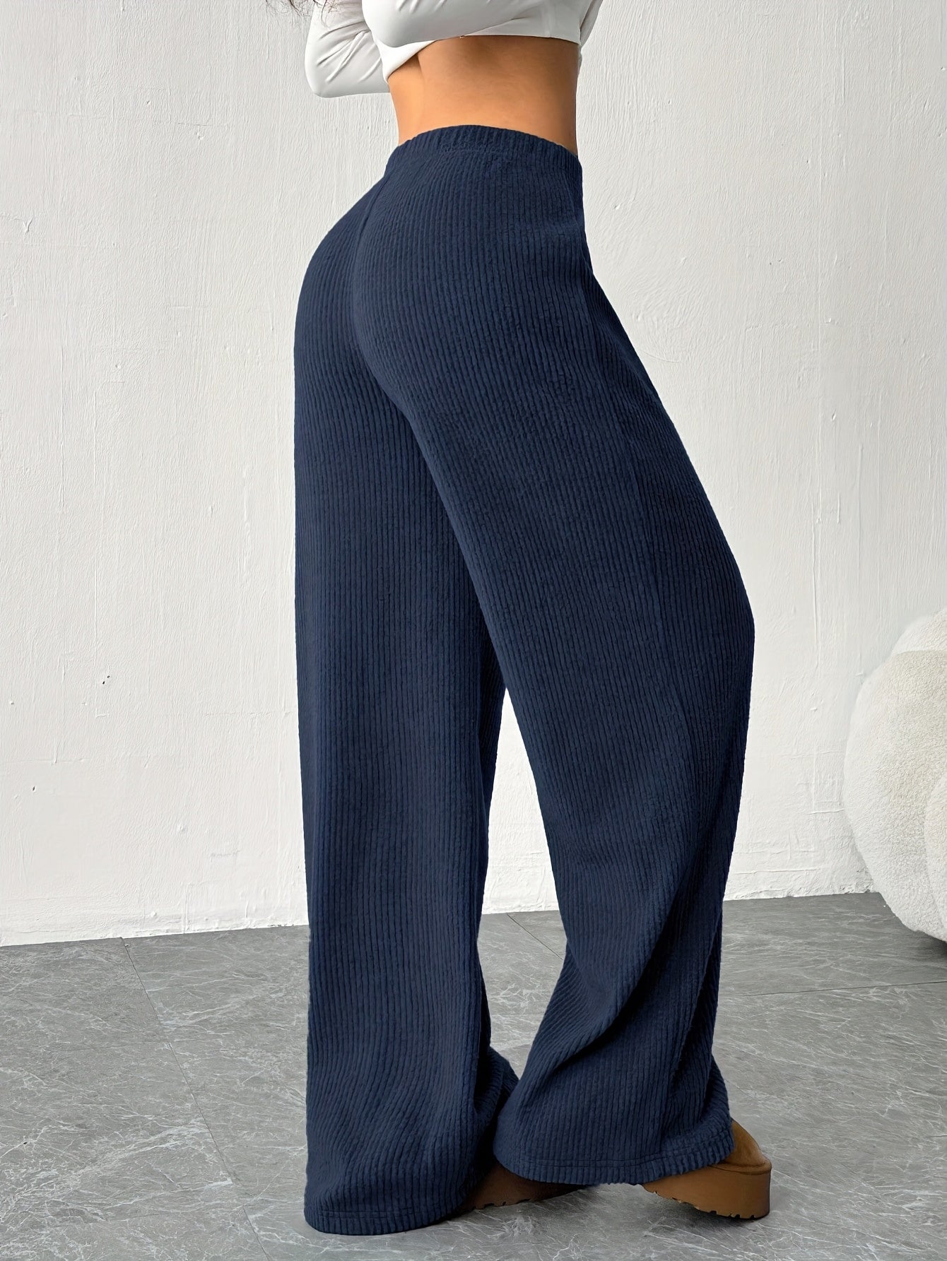 Effortless Ribbed Wide Leg Pants for Women with High Waist Drawstring Relaxed Flowing Casual Style