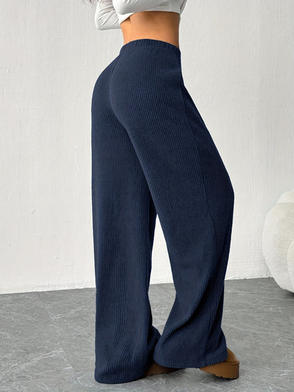 Effortless Ribbed Wide Leg Pants for Women with High Waist Drawstring Relaxed Flowing Casual Style