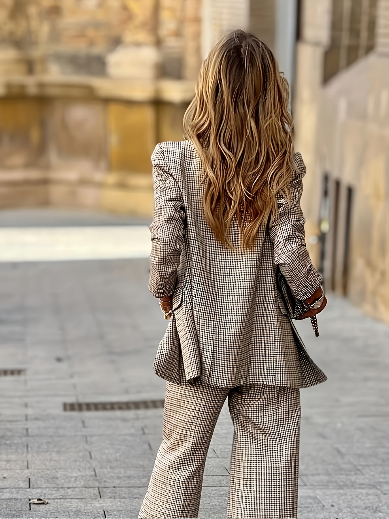 Elegant Plaid Two Piece Set for Women with Notched Lapel Blazer Wide Leg Pant Casual Style
