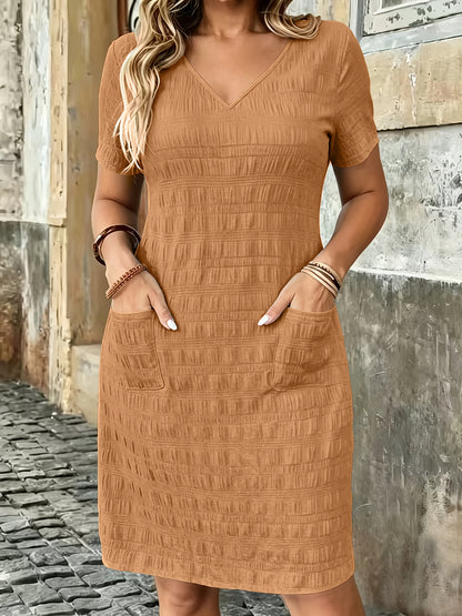Effortless Textured Shift Dress for Women with V Neck Short Sleeve Side Pocket Relaxed Casual Style
