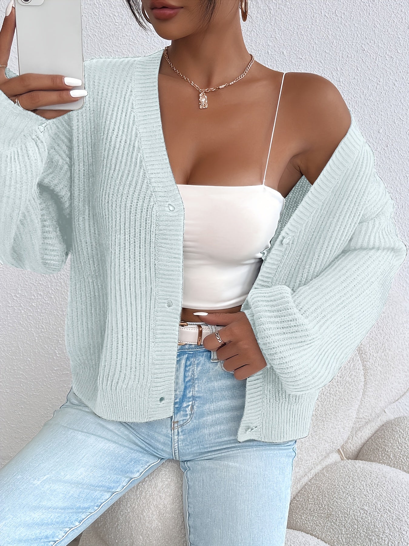 Comfortable Ribbed Knit Cardigan for Women with V Neck Long Sleeve Button Front Oversized Relaxed Style