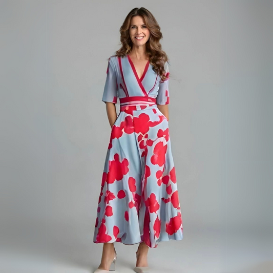 Elegant Blue Floral Print Maxi Dress for Women with V Neck Elbow Sleeve Wrap Flowing Style
