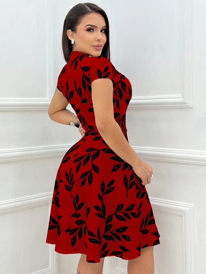 Elegant Leaf Print Fit and Flare Dress for Women with Keyhole Stand Collar Cap Sleeve Midi Style