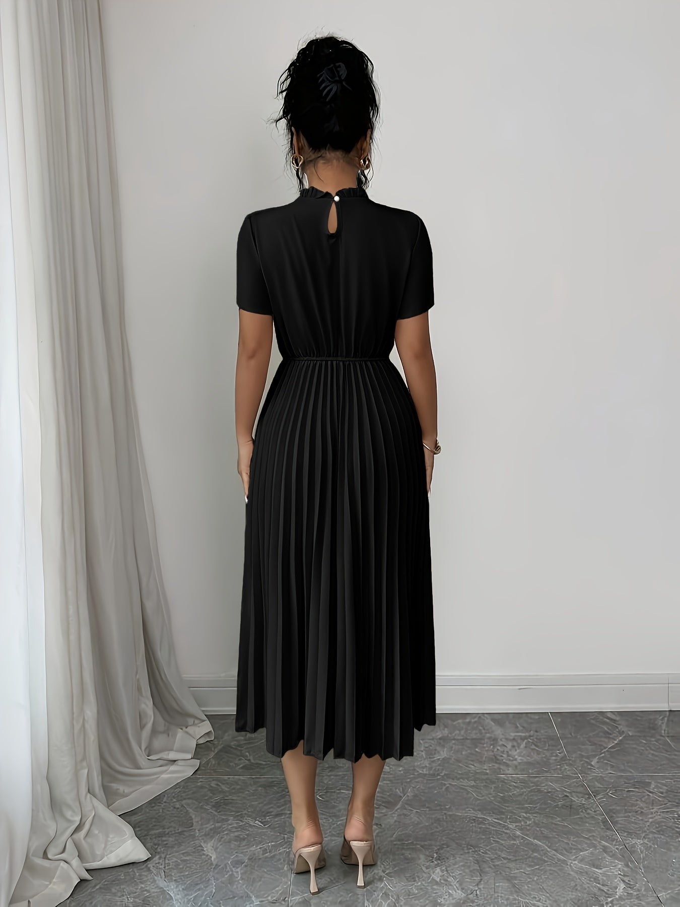 Elegant Apricot Pleated Midi Dress for Women with Ruffle Mock Neck Short Sleeve Pearl Detail Flowing Style