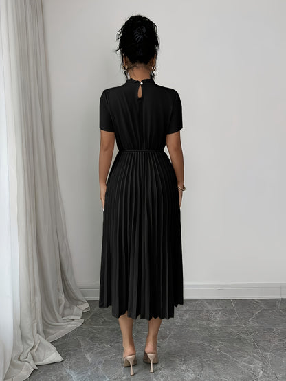 Elegant Apricot Pleated Midi Dress for Women with Ruffle Mock Neck Short Sleeve Pearl Detail Flowing Style