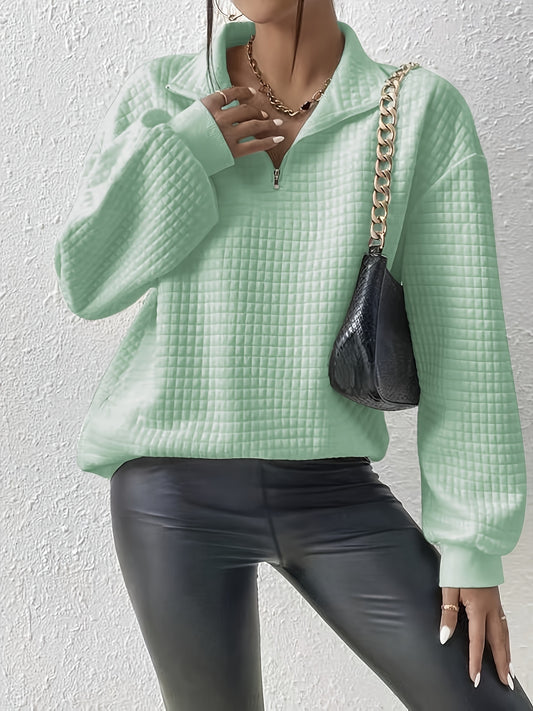 Comfortable Quilted Pullover for Women with Collared Half Zip Long Sleeve Oversized Casual Style