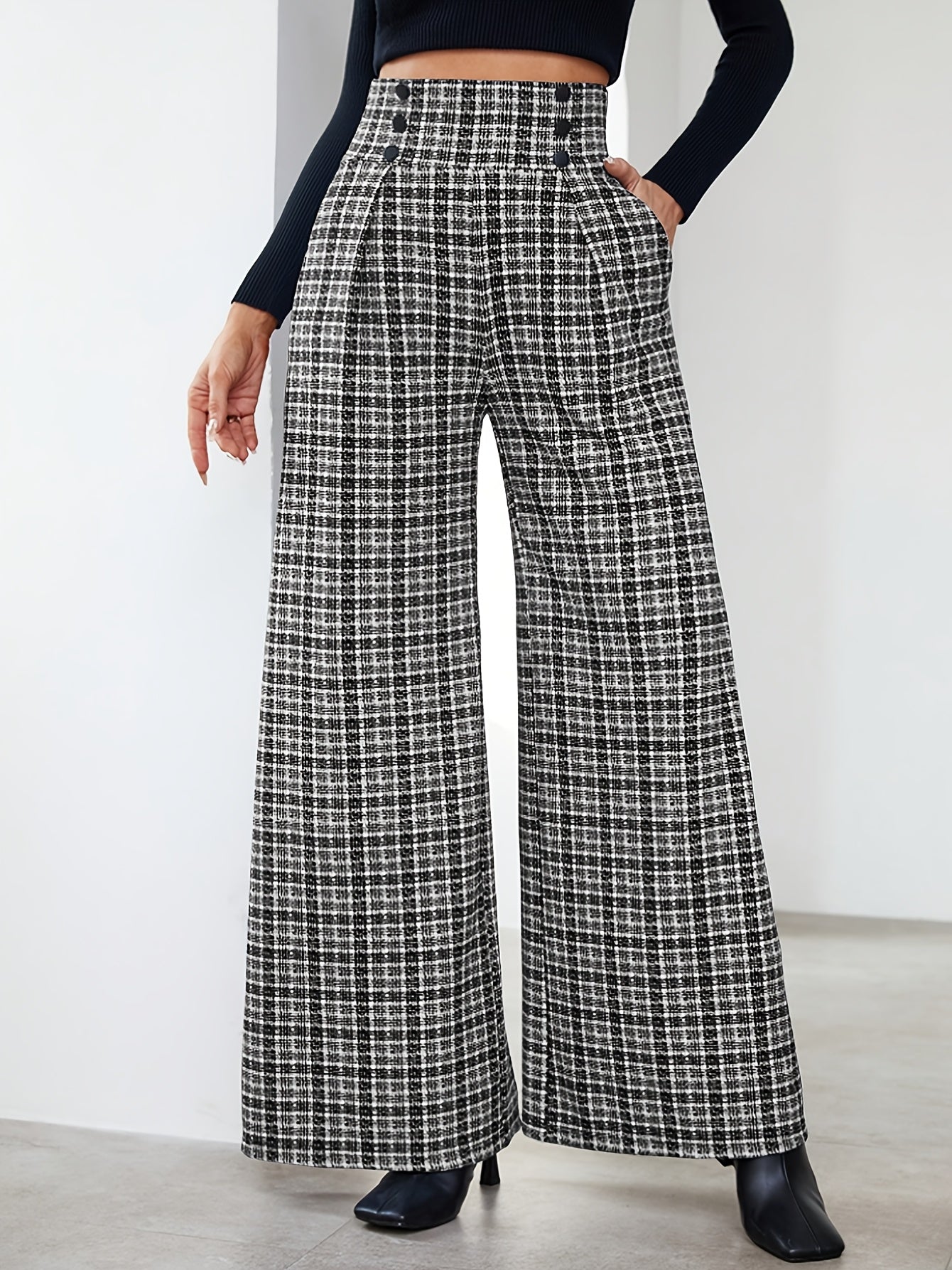 Elegant Black and White Plaid Wide Leg Pants for Women with High Waist Button Front Pleated Tailored Style