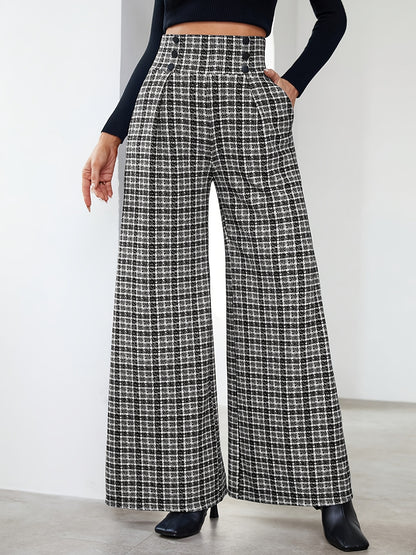 Elegant Black and White Plaid Wide Leg Pants for Women with High Waist Button Front Pleated Tailored Style