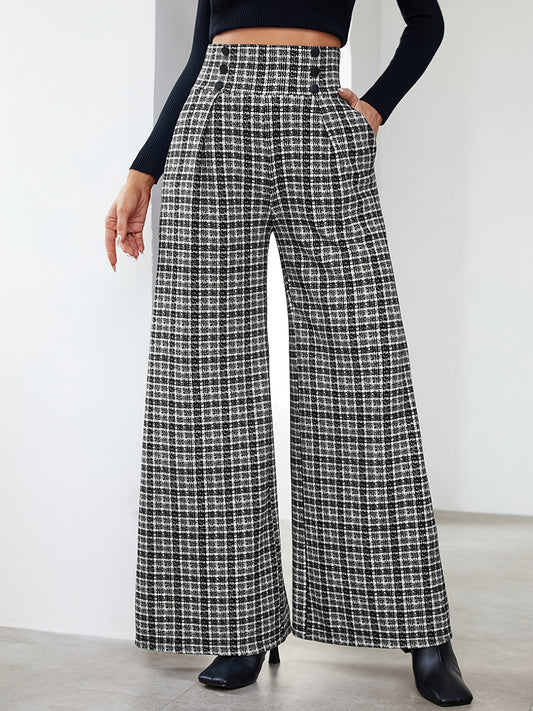 Elegant Black and White Plaid Wide Leg Pants for Women with High Waist Button Front Pleated Tailored Style