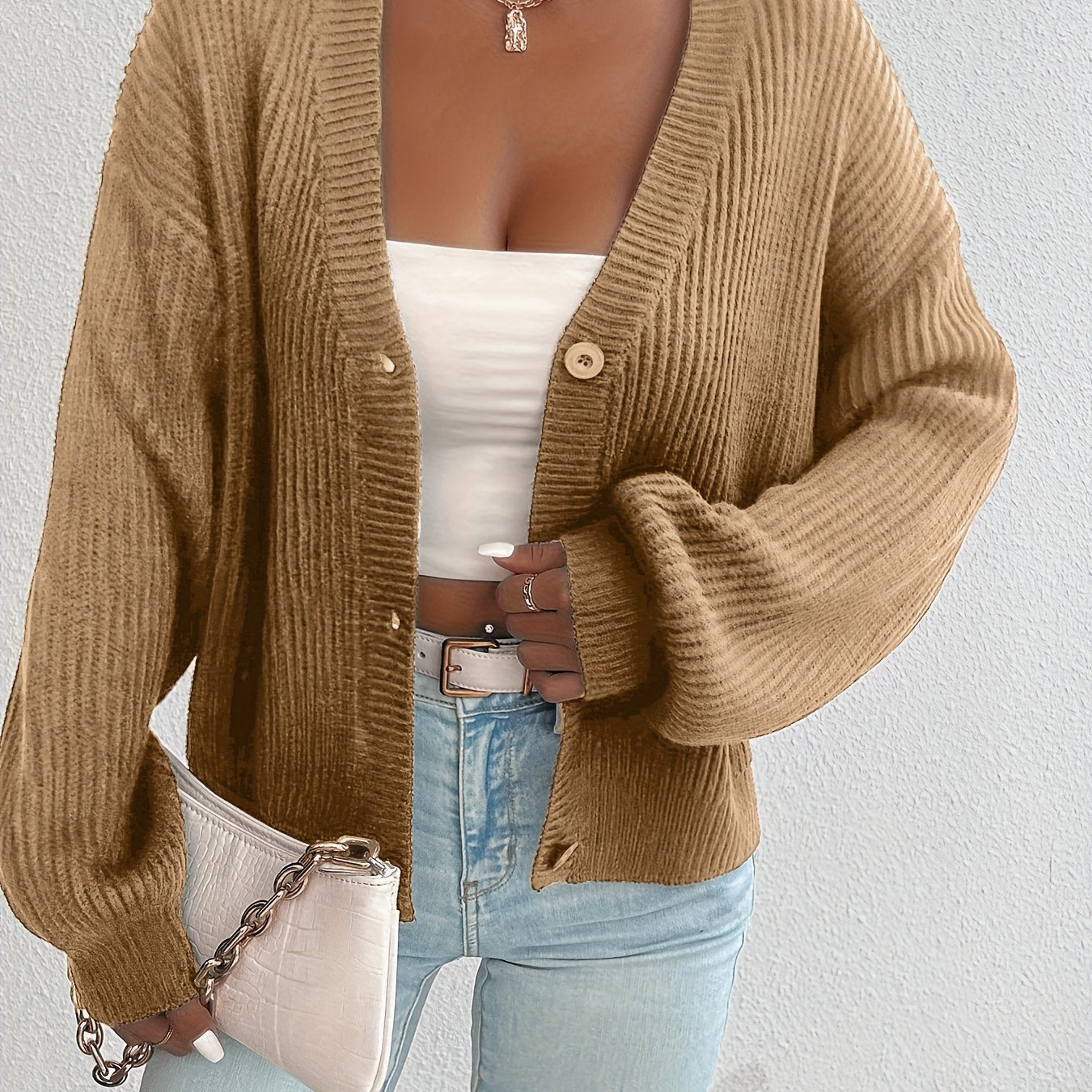 Comfortable Ribbed Knit Cardigan for Women with V Neck Long Sleeve Button Front Oversized Relaxed Style