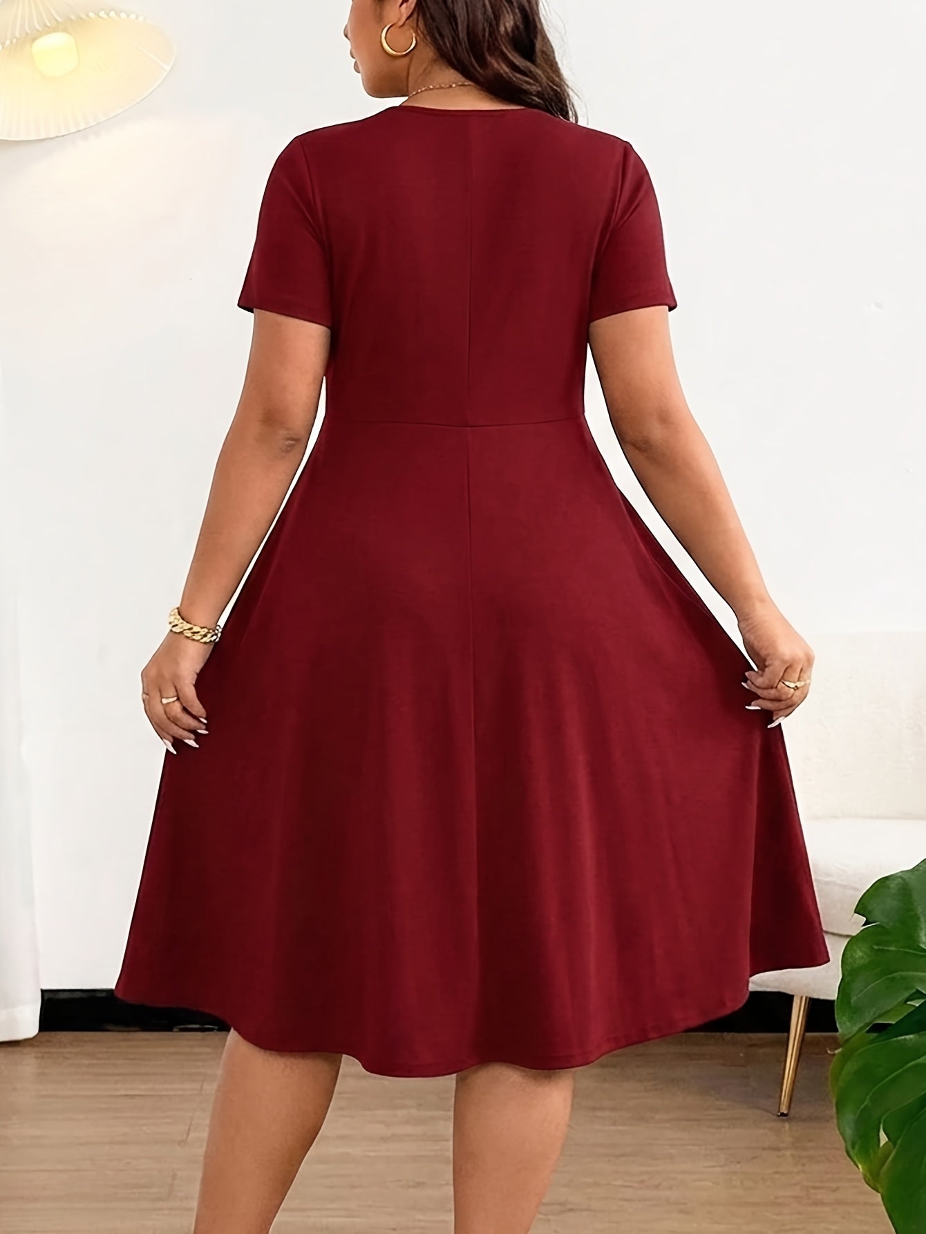Elegant Burgundy Button Front Midi Dress for Women with V Neck Short Sleeve Fit Flare Plus Size Style