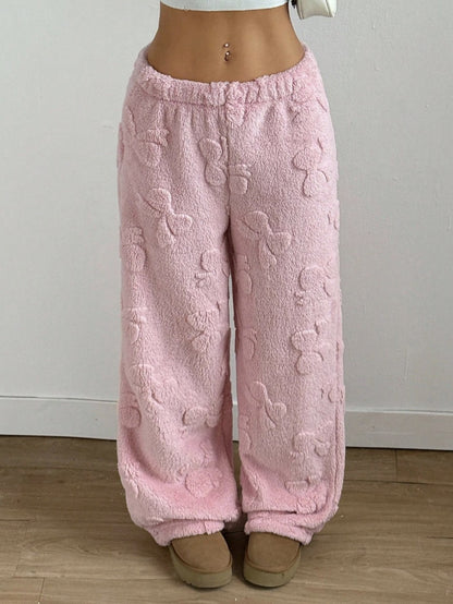 Comfortable Pink Sherpa Fleece Pants for Women with Elastic Waist Wide Leg Cozy Style