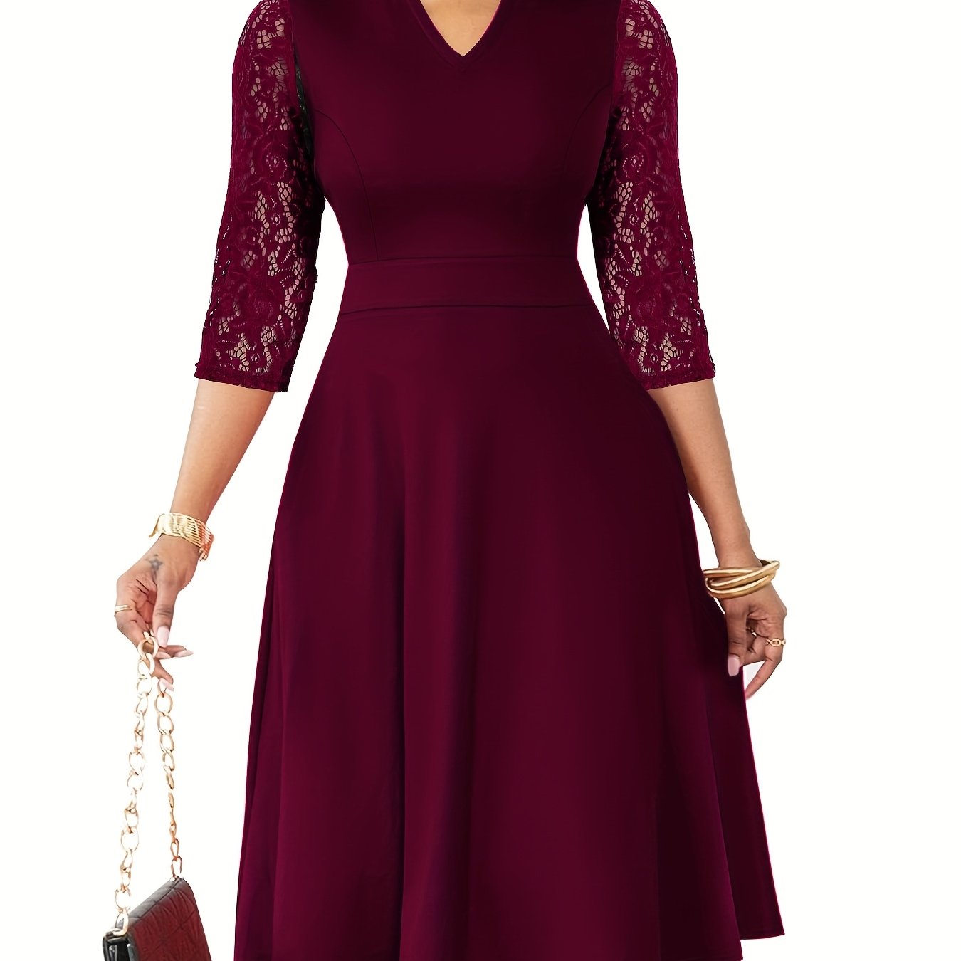 Elegant Lace Sleeve Midi Dress for Women with Notched Neck Three Quarter Sleeve Fit and Flare Cocktail Style
