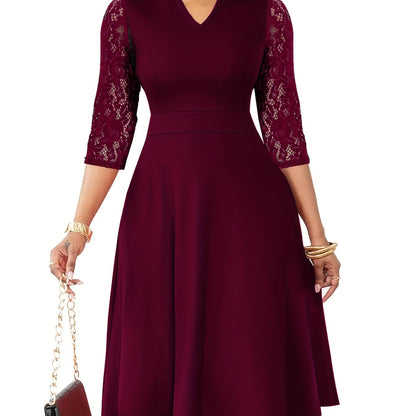 Elegant Lace Sleeve Midi Dress for Women with Notched Neck Three Quarter Sleeve Fit and Flare Cocktail Style