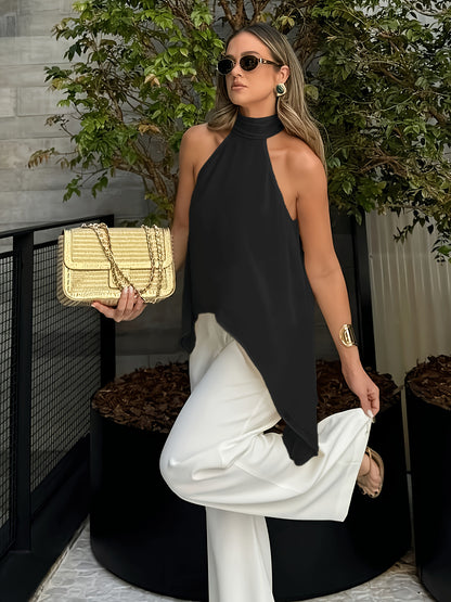 Elegant Chiffon Halter Blouse for Women with High Neck Sleeveless Flowing Asymmetrical Style