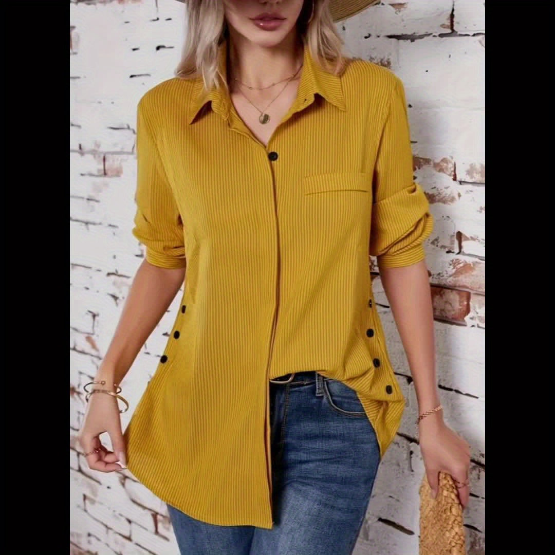 Effortless Striped Tunic Blouse for Women with Collar Long Sleeve Button Detail Relaxed Casual Style