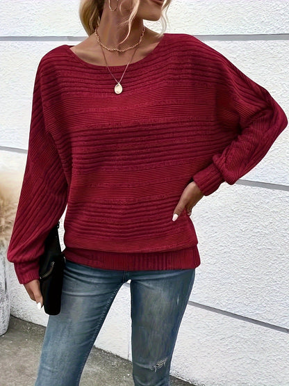 Comfortable Ribbed Knit Sweater for Women with Boat Neck Batwing Sleeve Oversized Relaxed Style