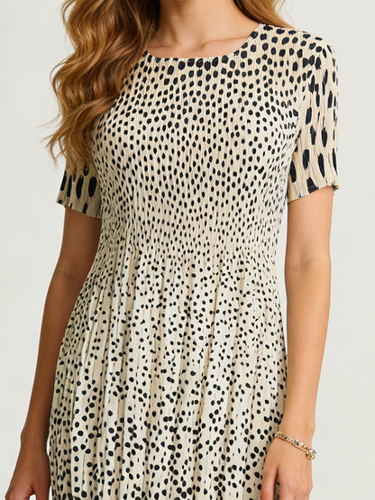 Elegant Polka Dot Pleated Midi Dress for Women with Round Neck Short Sleeve Fitted Waist Flowing Style