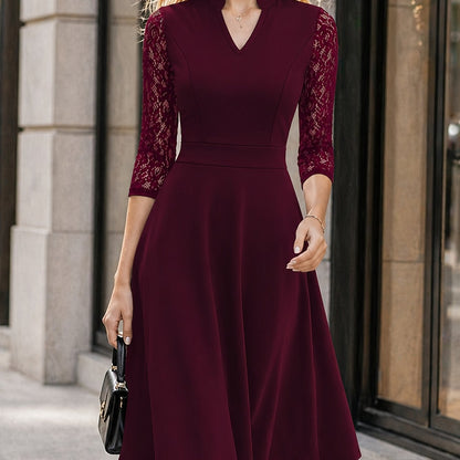 Elegant Lace Midi Dress for Women with Notch Neck Three Quarter Sleeve Fit and Flare Cocktail Style