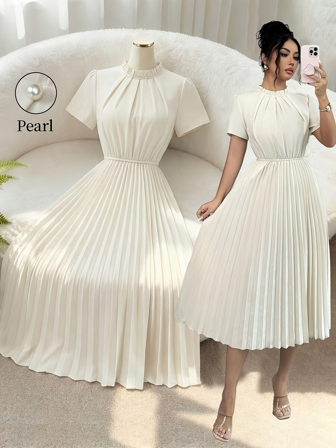 Elegant Apricot Pleated Midi Dress for Women with Ruffle Mock Neck Short Sleeve Pearl Detail Flowing Style