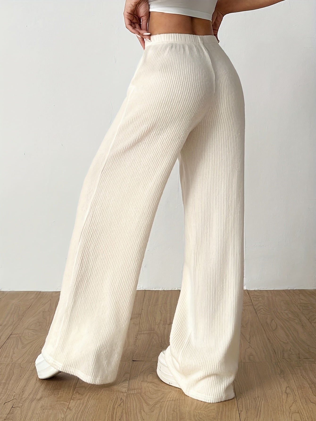 Effortless Ribbed Wide Leg Pants for Women with High Waist Drawstring Relaxed Flowing Casual Style