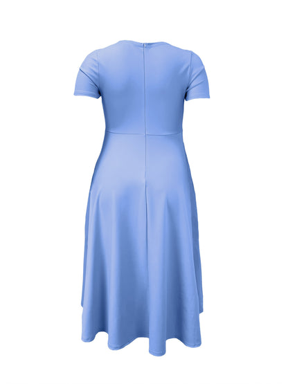 Elegant Rose Red Midi Dress for Women with Round Neck Short Sleeve Fit and Flare Pocket Style