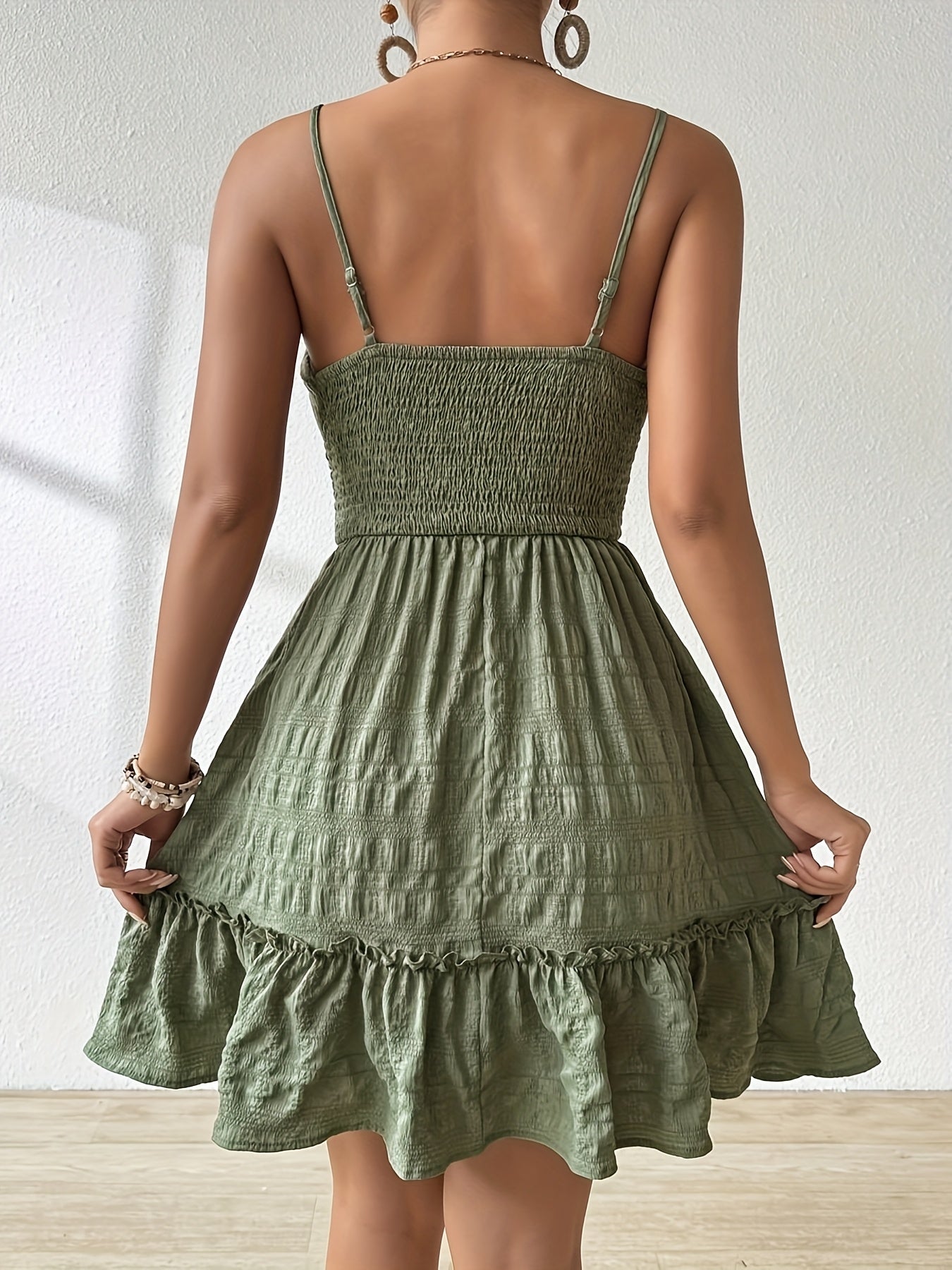 Effortless Textured Mini Dress for Women with Square Neck Spaghetti Strap Smocked Tiered Boho Style
