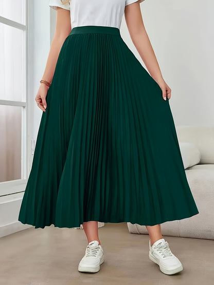 Elegant Dark Green Pleated Maxi Skirt for Women with High Waist Accordion Pleat Flowing A Line Style